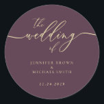 Minimal Script Midnight Fig Wedding Classic Round Sticker<br><div class="desc">Minimal Script Midnight Fig Wedding</div>