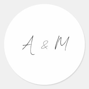 Minimal Script Monogram Boho Wedding Black White Classic Round Sticker