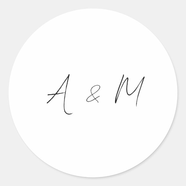Minimal Script Monogram Boho Wedding Black White Classic Round Sticker (Front)