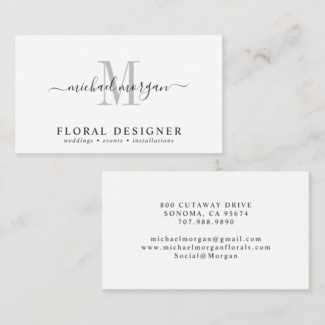 Minimal Script Monogram Floral Designer Business Card (Front/Back)