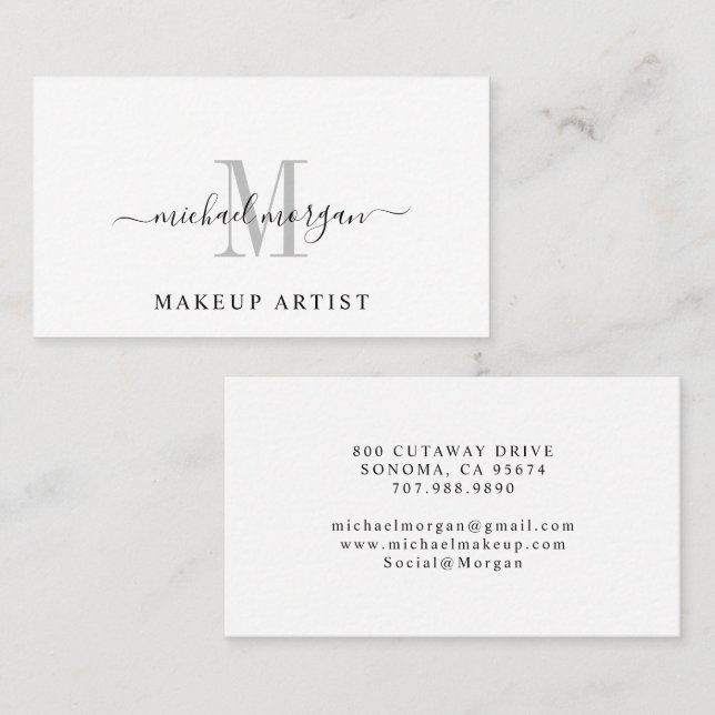 Minimal Script Monogram Makeup Artist Business Card (Front/Back)