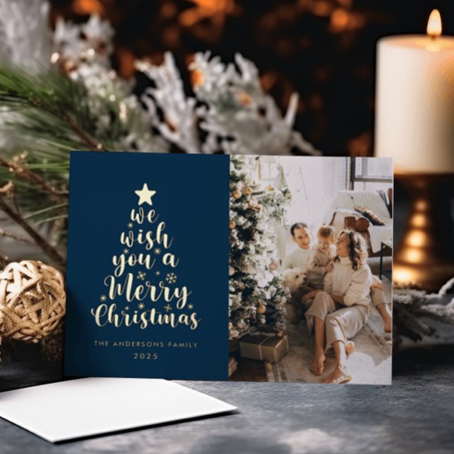 Minimal Script Navy Blue Merry Christmas  Foil Holiday Card (Creator Uploaded)