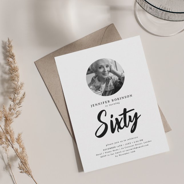 Minimal Script Photo 60th Birthday Black White  Invitation (Minimal Script Photo 60th Birthday Black White Invitation)
