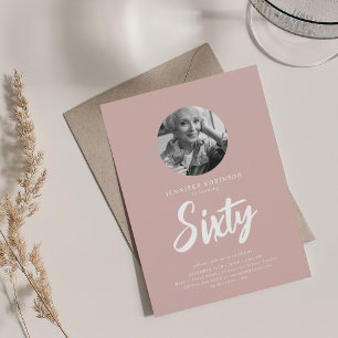 Minimal Script Photo 60th Birthday Dusty Rose Invitation