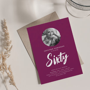 Minimal Script Photo 60th Birthday Party Magenta Invitation