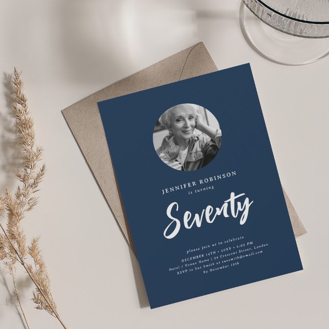 Minimal Script Photo 70th Birthday Navy Blue  Invitation (Minimal Script Photo 70th Birthday Navy Blue Invitation)