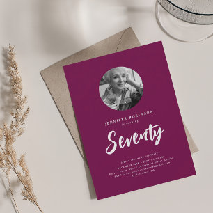 Minimal Script Photo 70th Birthday Party Magenta Invitation
