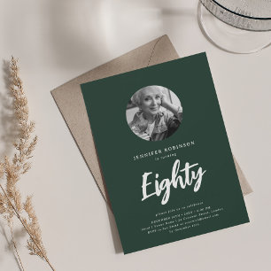 Minimal Script Photo 80th Birthday Emerald Green Invitation