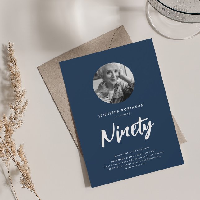 Minimal Script Photo 90th Birthday Navy Blue  Invitation (Minimal Script Photo 90th Birthday Navy Blue Invitation)