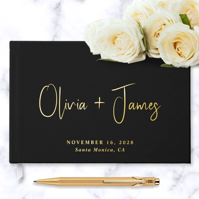 Minimal Script Photo Black Wedding Guest Book (Creator Uploaded)