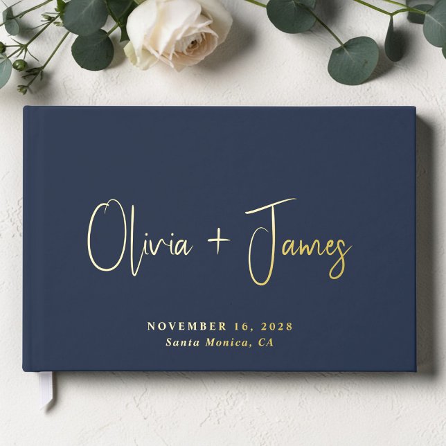 Minimal Script Photo Navy Blue Wedding Guest Book (Minimal Script Photo Blue Wedding Foil Guest Book)