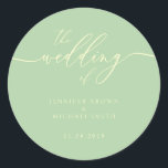Minimal Script Pistachio & Cream Wedding Classic Round Sticker<br><div class="desc">Minimal Script Pistachio & Cream Wedding</div>