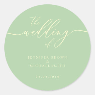 Minimal Script Pistachio & Cream Wedding Classic Round Sticker