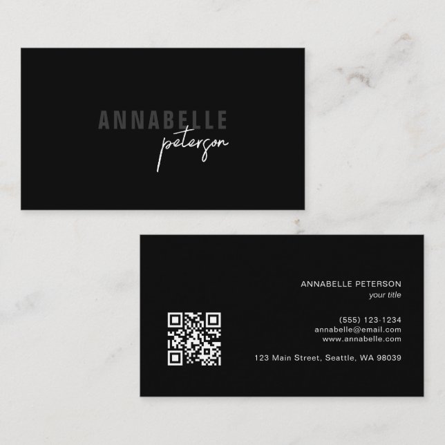 Minimal Script Professional Chic Black QR Code Business Card (Front/Back)