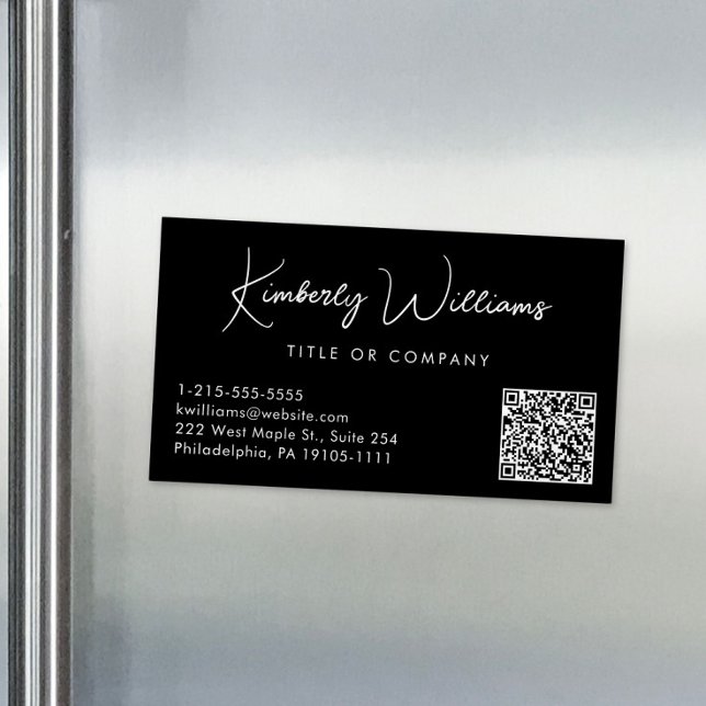 Minimal Script QR Code Professional Black Magnetic Business Card (Creator Uploaded)
