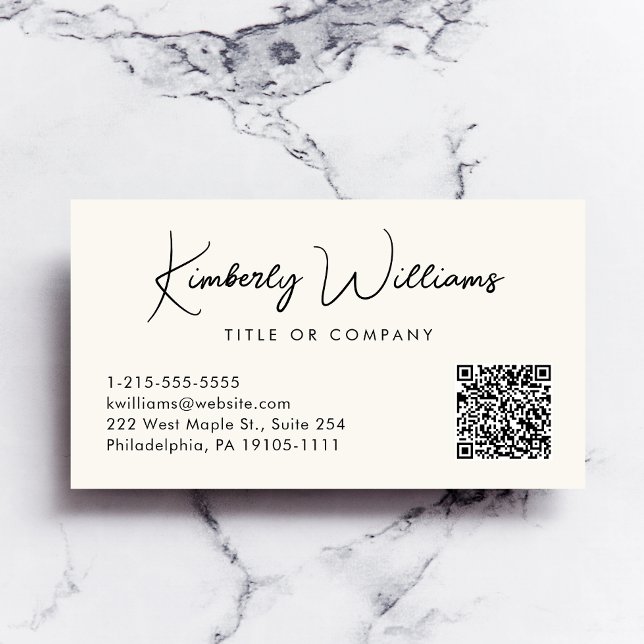 Minimal Script QR Code Professional Cream Business Card (Empower your name in our signature script as your logo and brand identity)