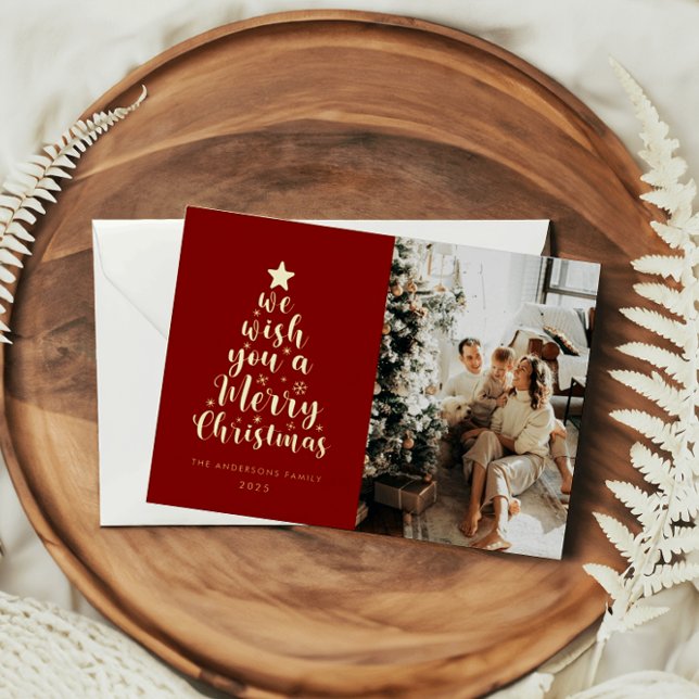 Minimal Script Red Gold Real Foil Merry Christmas  Holiday Card (Creator Uploaded)