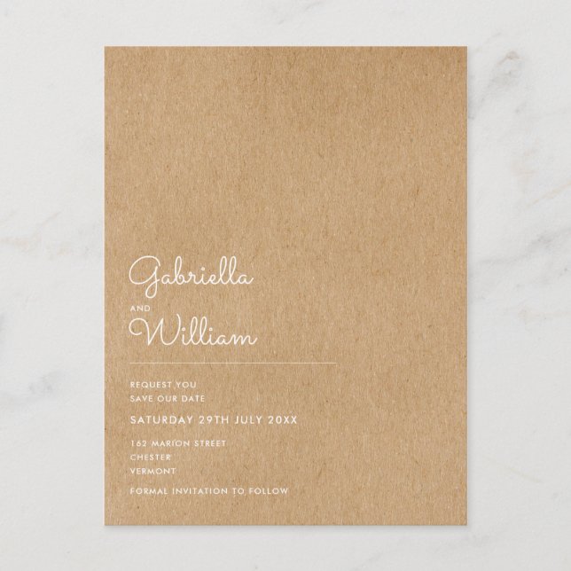 Minimal Script Rustic Kraft Save the Date Announcement Postcard (Front)
