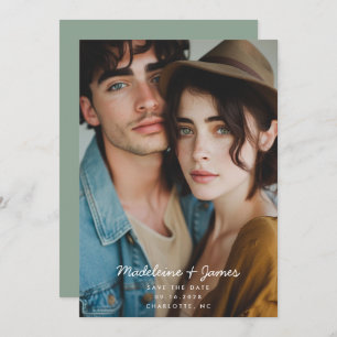 Minimal Script Sage Green Photo QR Code Wedding Save The Date