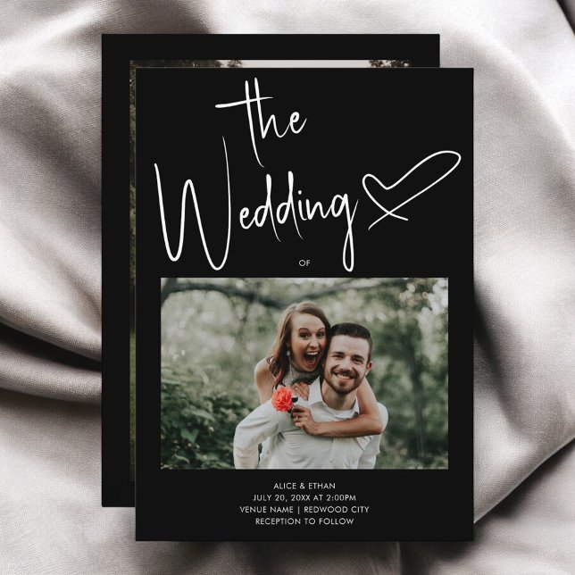 Minimal Script Signature Heart Photo Black Wedding Invitation (Creator Uploaded)