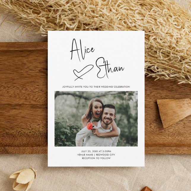 Minimal Script Signature Heart Photo White Invitation (Creator Uploaded)