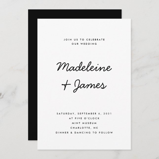 Minimal Script Simple Modern Black White Wedding Invitation (Front/Back)