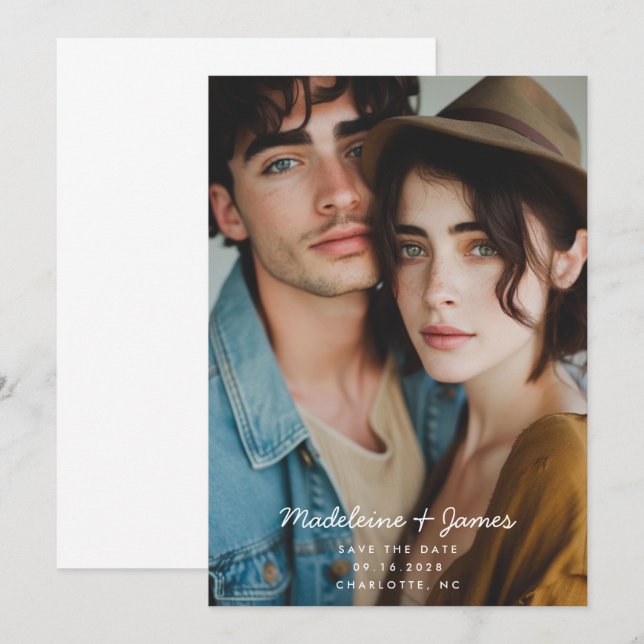 Minimal Script Simple Modern Full Photo Wedding Save The Date (Front/Back)