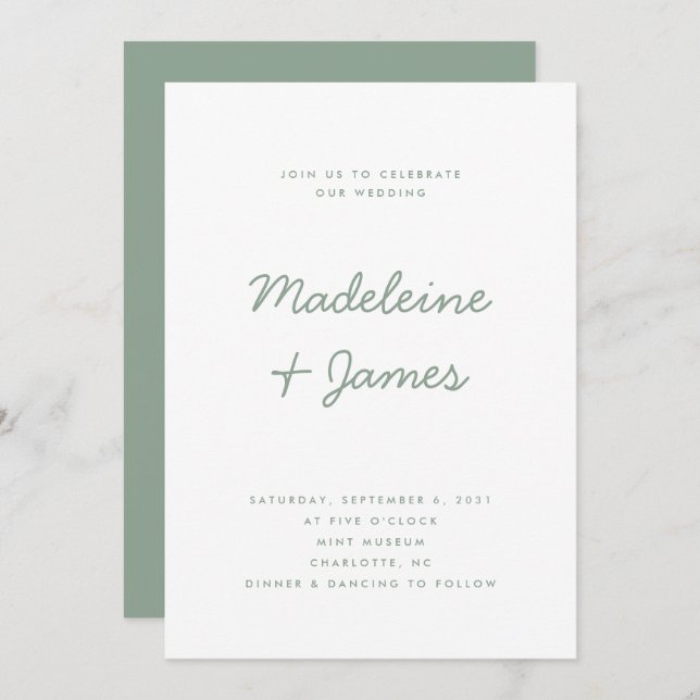 Minimal Script Simple Modern Sage Green Wedding Invitation (Front/Back)