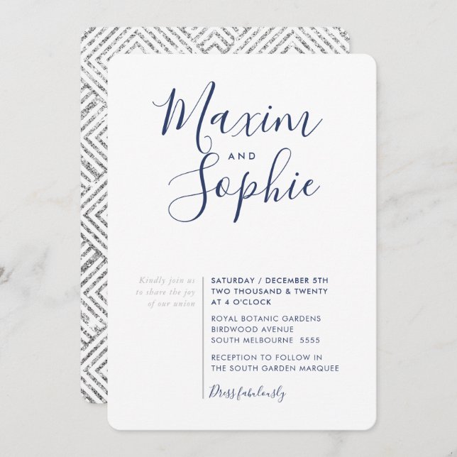 MINIMAL SCRIPT simple modern wedding navy silver Invitation (Front/Back)