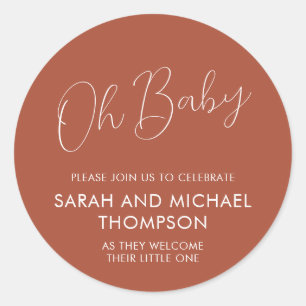 Minimal Script Terracotta Oh Baby Classic Round Sticker