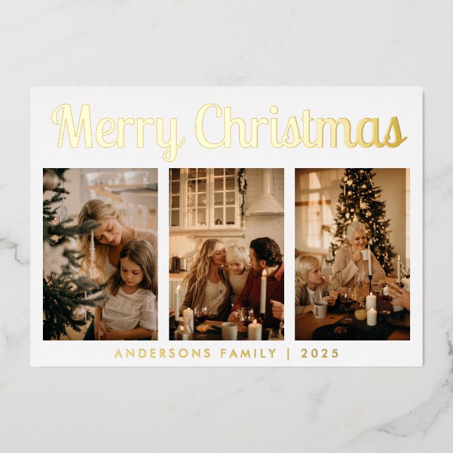 Minimal Script Three Photo Merry Christmas Foil Holiday Card (Front)