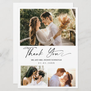 Minimal Script Three Photo Wedding Thank you Card