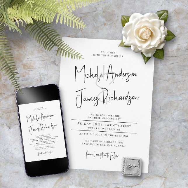 Minimal Script Typography Black White Wedding Invitation (Creator Uploaded)