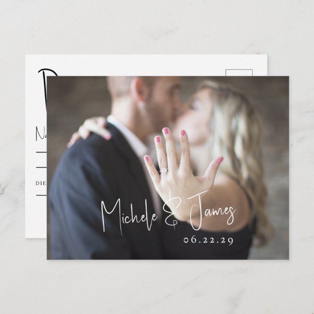 Minimal Script Typography Photo Wedding RSVP Invitation Postcard (Front/Back)