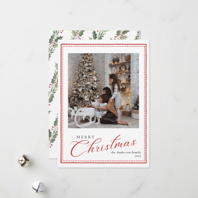 Minimal Script Vintage Merry Christmas Photo Holiday Card (Front/Back In Situ)