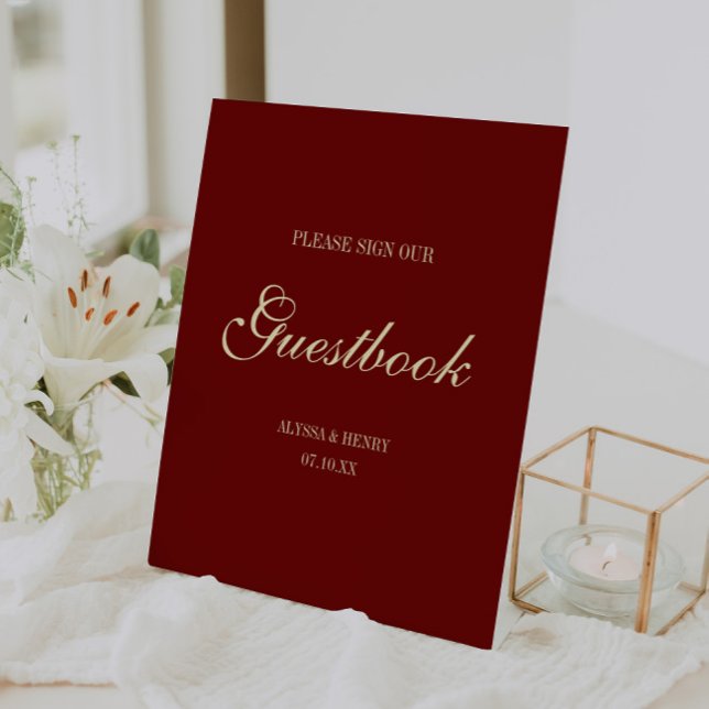 Minimal Script Wine Red "Sign Our Guestbook" Pedestal Sign (Creator Uploaded)