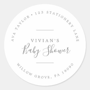 Minimal Silver Baby Shower Circular Return Address Classic Round Sticker