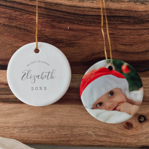 Minimal Silver Baby's 1st Christmas Newborn Photo Ceramic Ornament