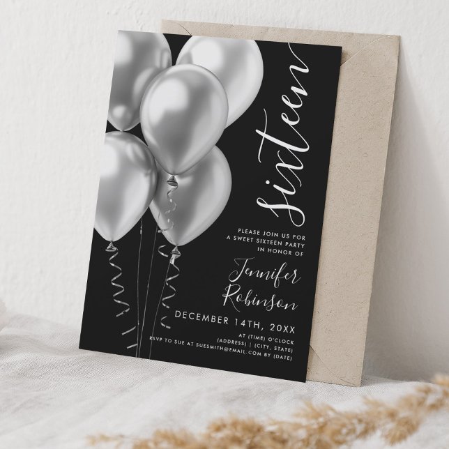 Minimal Silver Balloons Sweet 16 Birthday Black Invitation (Minimal Silver Balloons Sweet 16 Birthday Black Invitation)