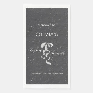 Minimal Silver Bow Winter Snow Baby Shower Welcome Napkin