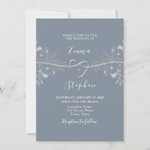 Minimal Silver Dusty Blue Wedding Invitation