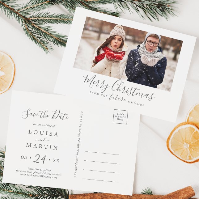 Minimal Silver Merry Christmas Save the Date Photo Holiday Postcard (Creator Uploaded)