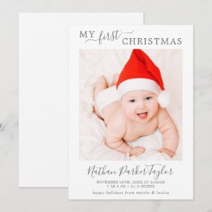 Minimal Silver My First Christmas Baby Birth Photo Holiday Card