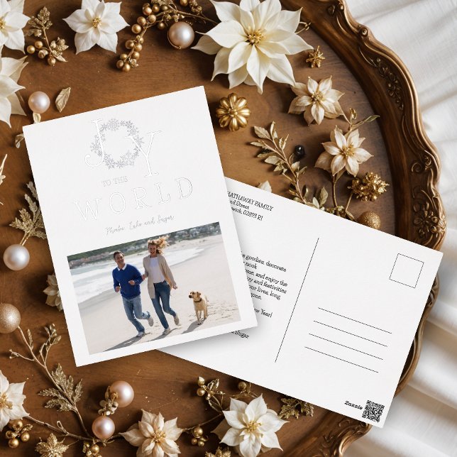 Minimal Silver Snowflakes Joy To The World Family Foil Holiday Postcard (Minimalist Silver Snowflakes Joy To The World Family Photo Metallic Foil Holidays Postcard.)