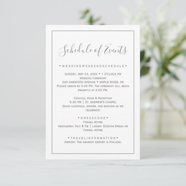 Minimal Silver Wedding Schedule Card (Standing Front)