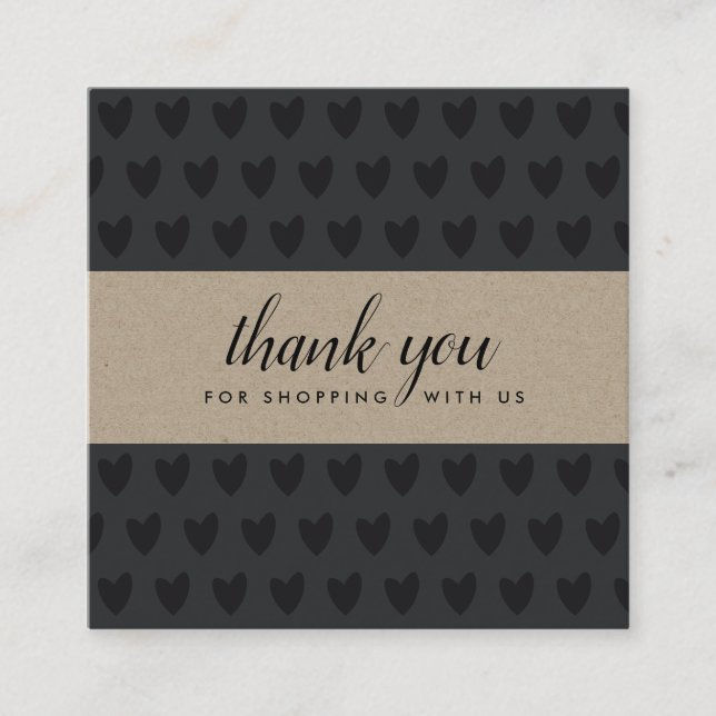 MINIMAL SIMPLE BLACK KRAFT HEART  THANK YOU LOGO SQUARE BUSINESS CARD (Front)