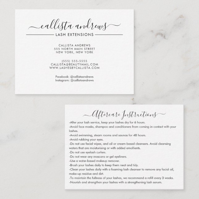 Minimal Simple Black White Script Lashes Aftercare Business Card (Front/Back)