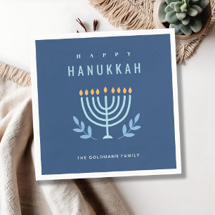 Minimal Simple Blue Menorah Candles Happy Hanukkah Napkin