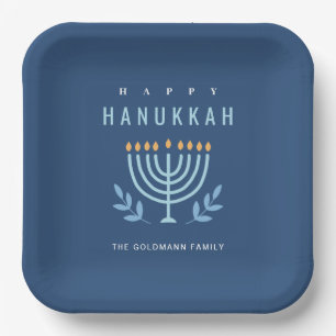 Minimal Simple Blue Menorah Candles Happy Hanukkah Paper Plate
