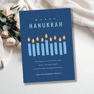 Minimal Simple Blue Yellow Candles Happy Hanukkah Holiday Card